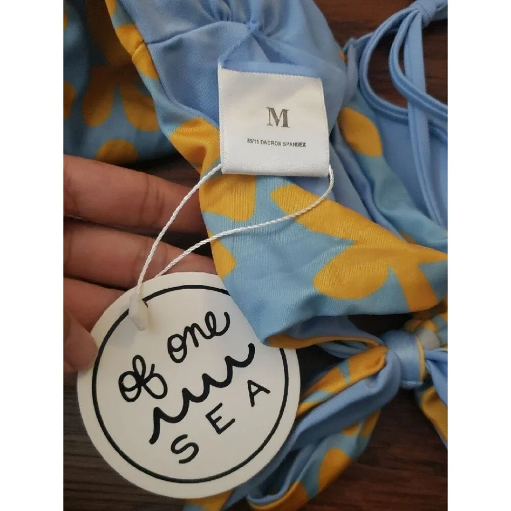 Of One Sea Girls Blue Yellow Floral Tie-Back Swim Bikini Top Size M New